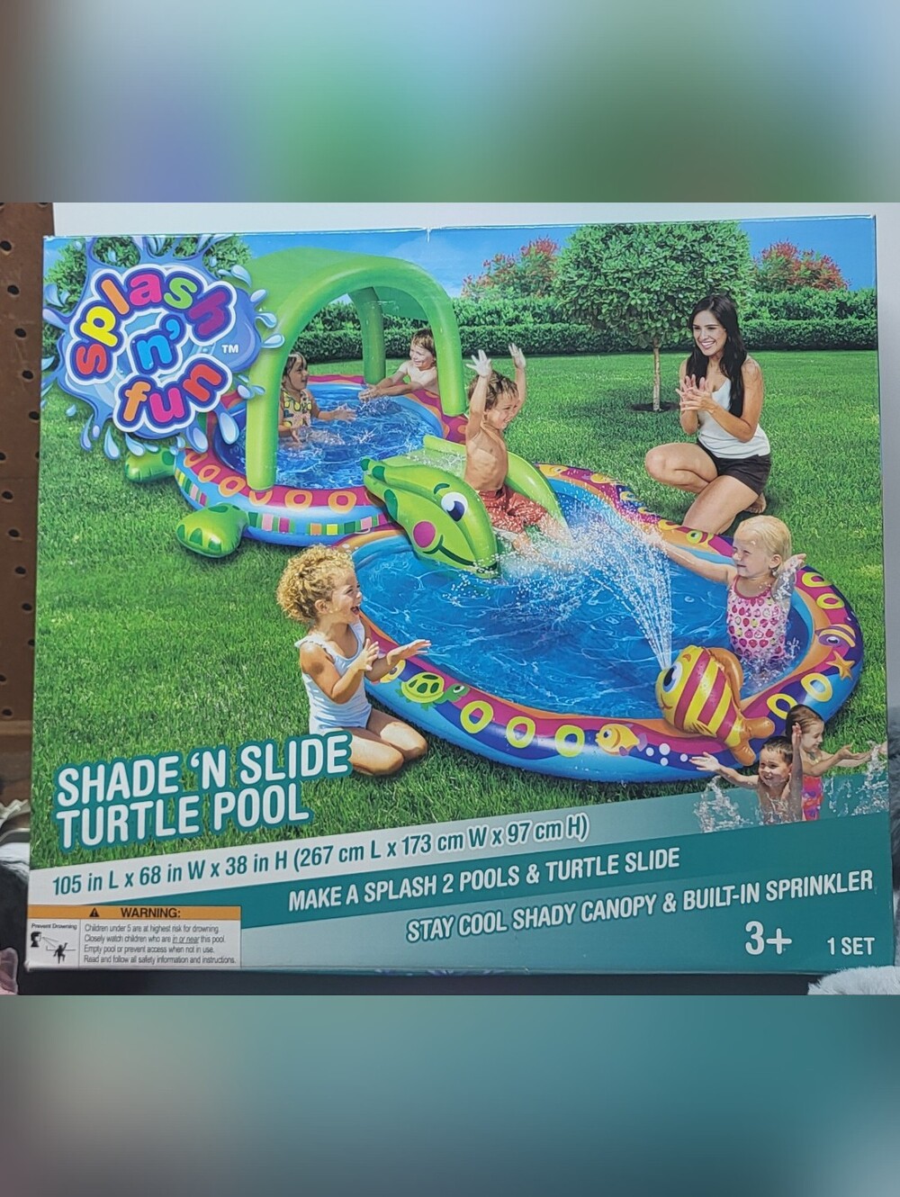 Shade 'N Slide Turtle Inflatable Outdoor Kiddie Splash Pool with Fish Sprink NEW